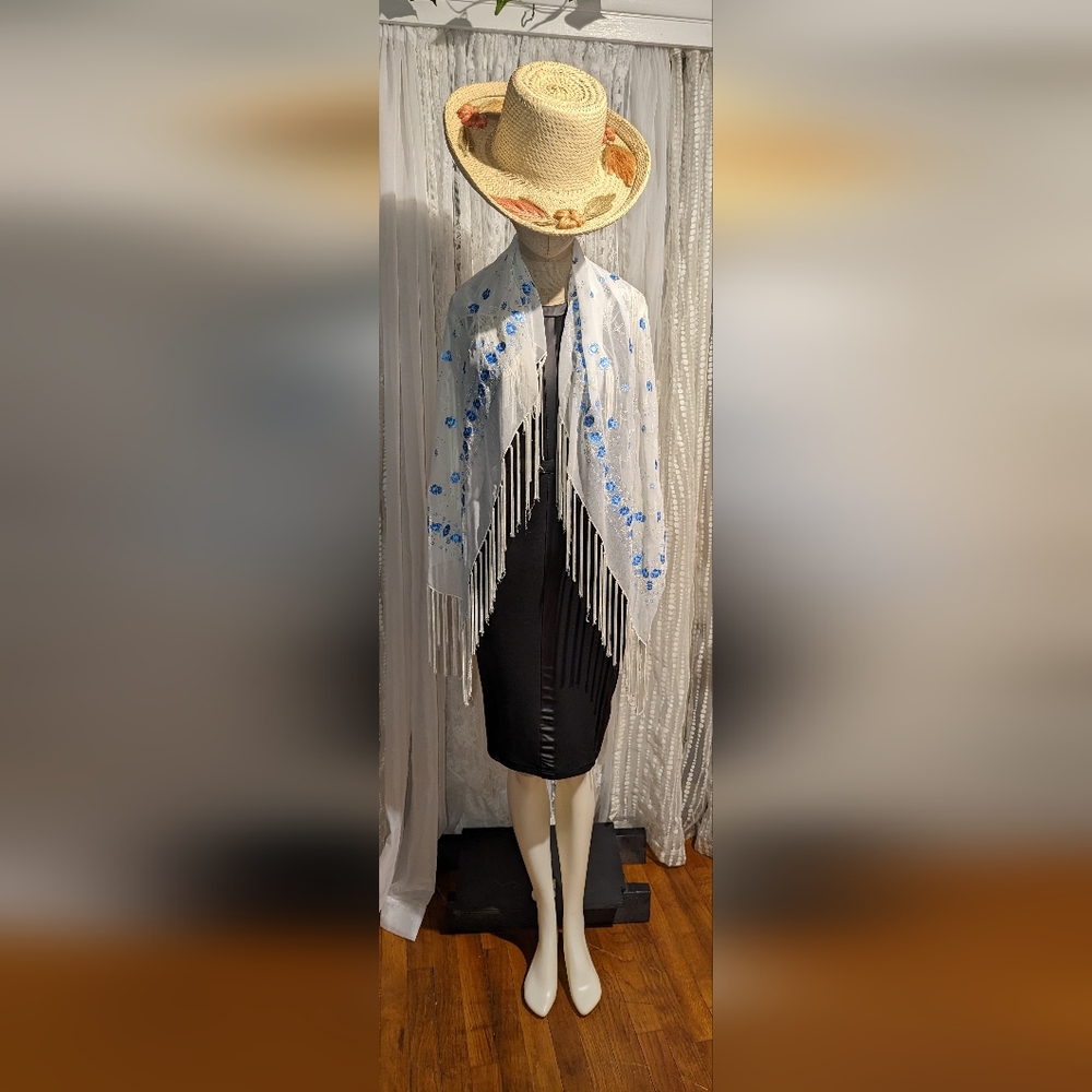 Woman's Vintage Handmade White & Blue Sheer Scarf w/Blue Flowers & Long Tassles
